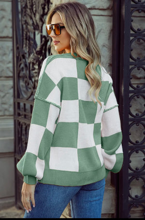 Green Checkered Bishop Sleeve Sweater