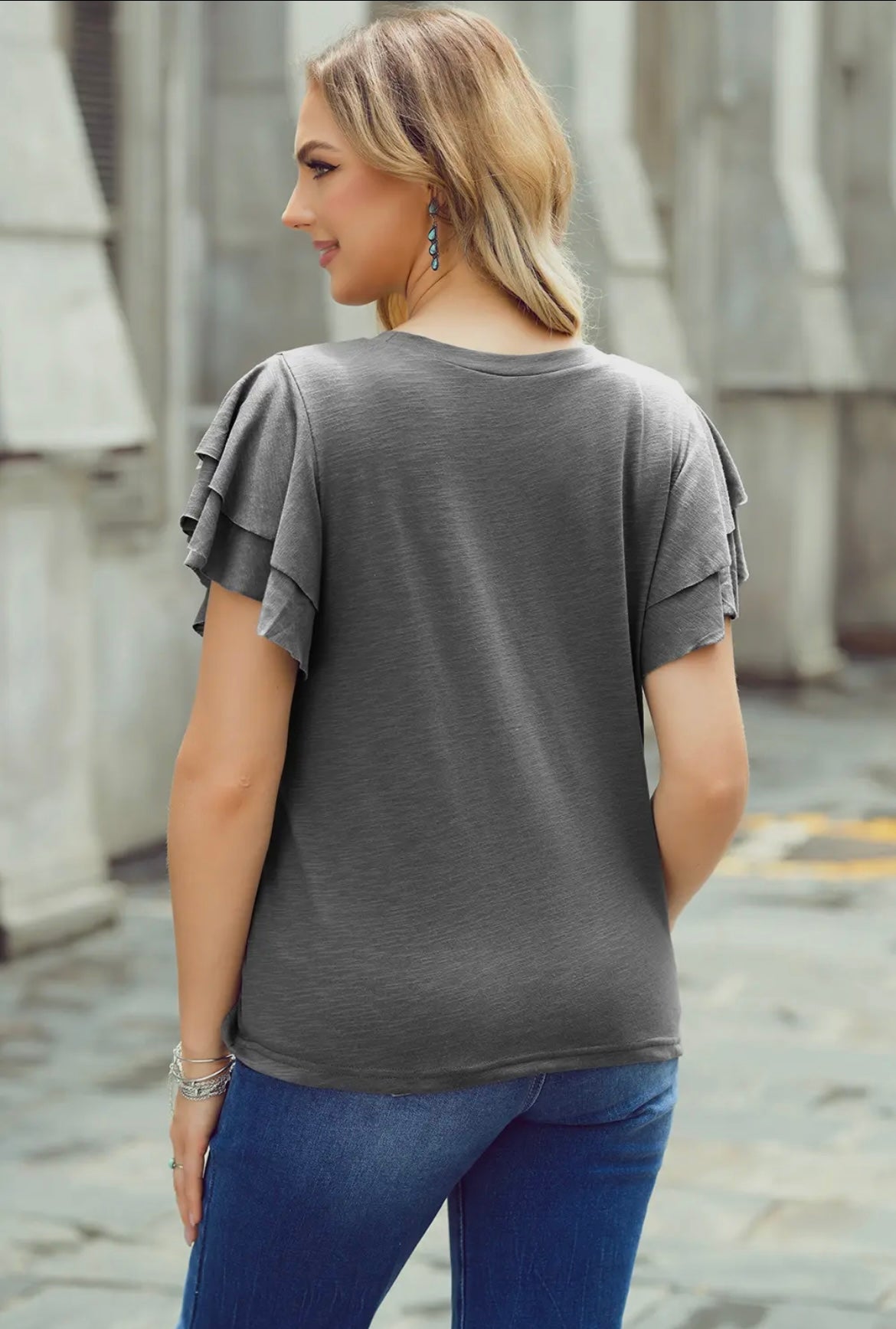 Gray Layered Ruffle Sleeve Round Neck Top