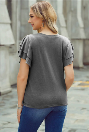 Gray Layered Ruffle Sleeve Round Neck Top