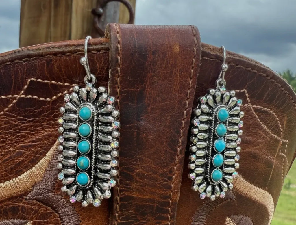 Silver Detailed Dangle Earrings with Turquoise Accent Trendy