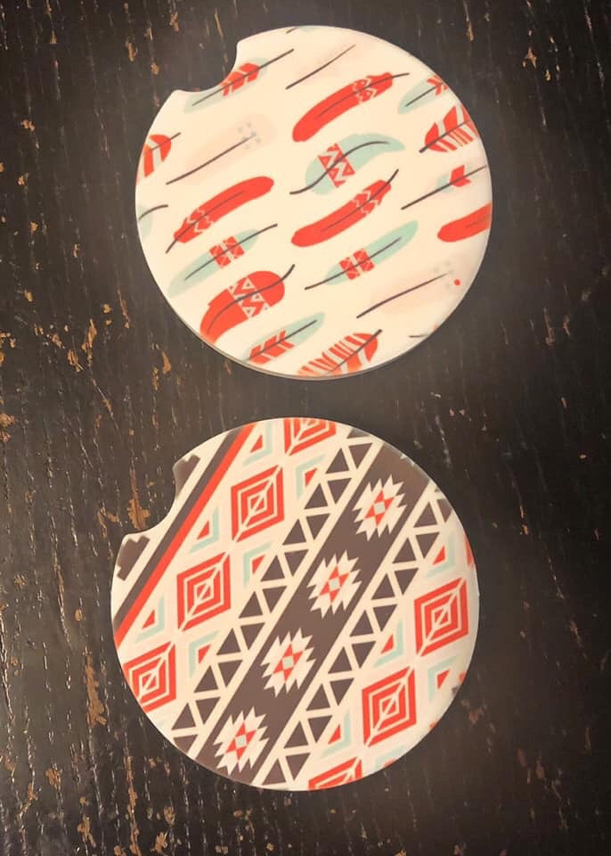 Aztec/Feather Car Coasters                 (Set of 2)