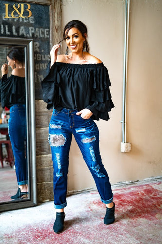 Silver Sequin Patch Boyfriend Jeans